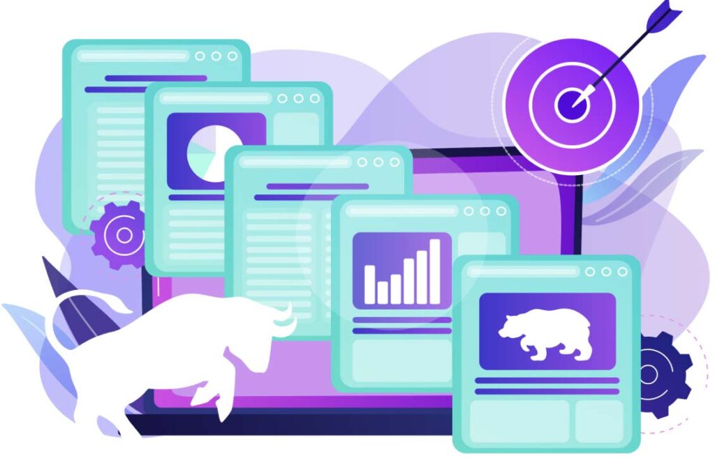 Illustration of website pages with financial charts, a bear, and a bull