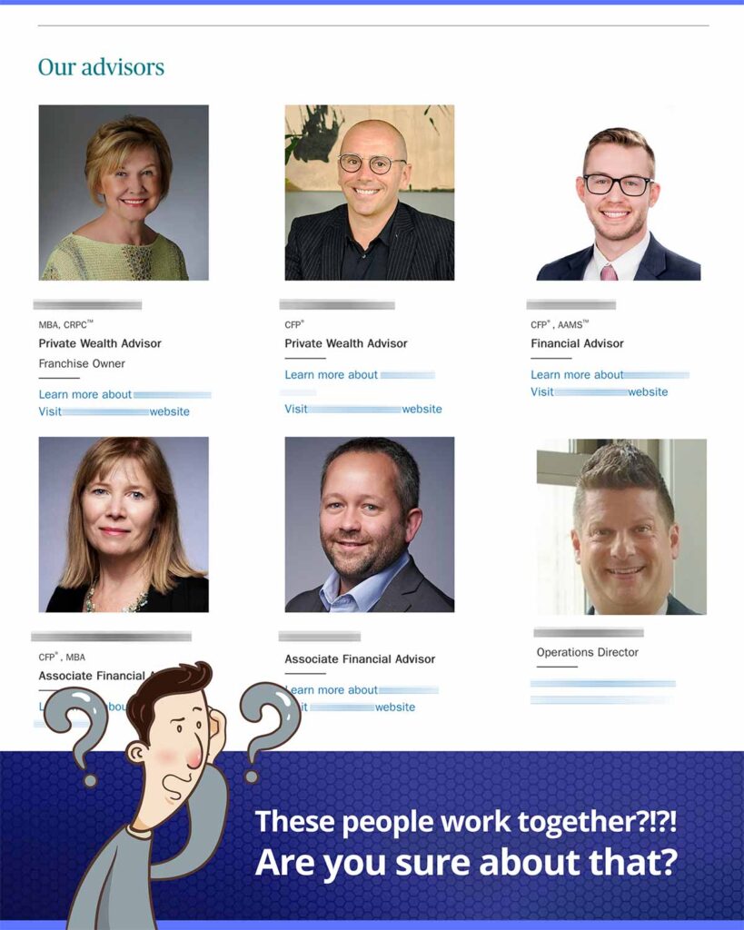 Screenshot of an advisor team page where the photos don't match. Text reads: These people work together? Are you sure about that?